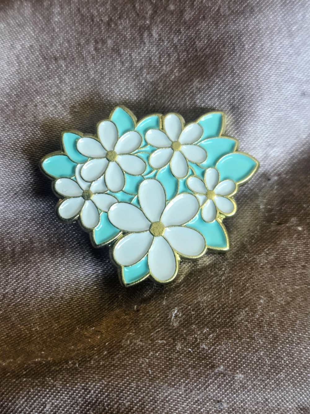 White and Teal Floral Enamel Pin Plated Gold